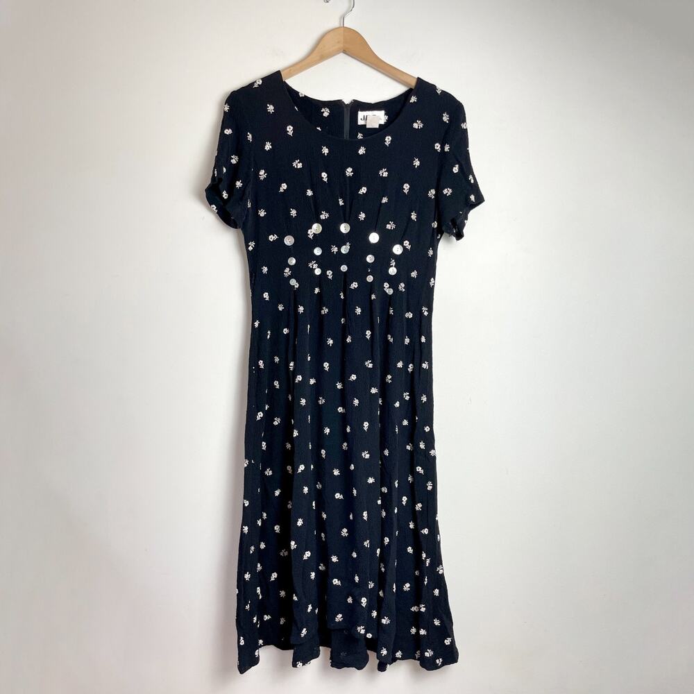 Vintage 90s Black Midi Dress Medium Flowy Floral Indie Grunge Soft Girl